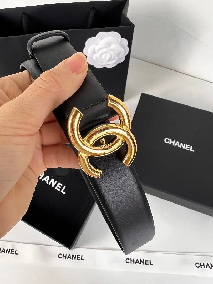 golden Chanel Slim Black Leather Belt - Hình 3