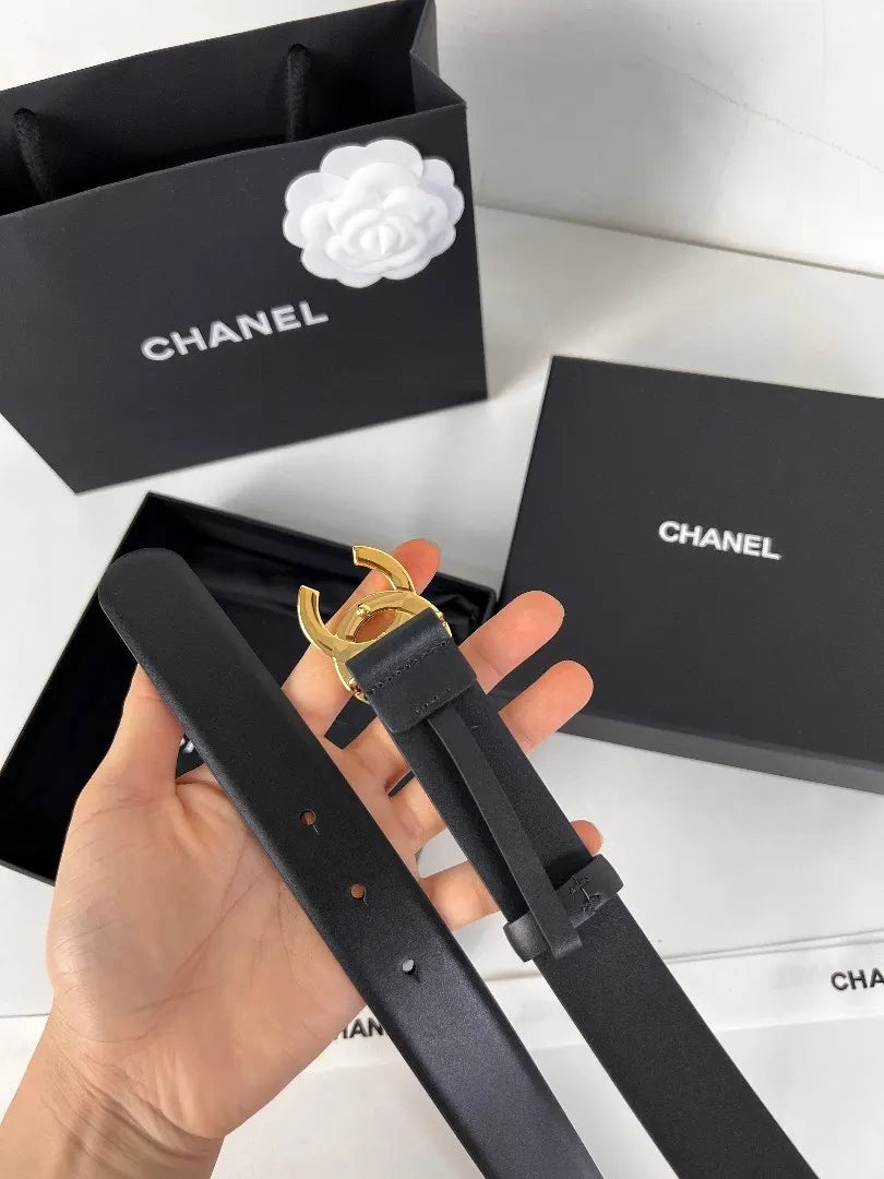 golden Chanel Slim Black Leather Belt - Hình 4