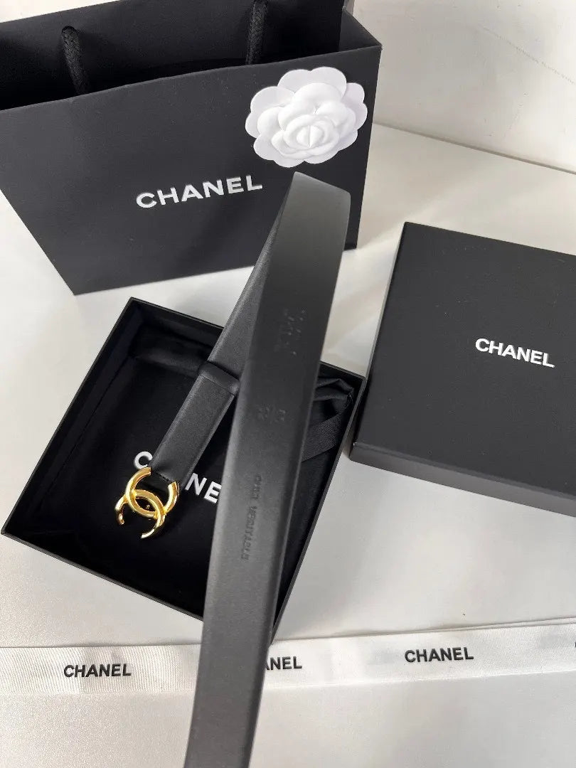 golden Chanel Slim Black Leather Belt - Hình 5