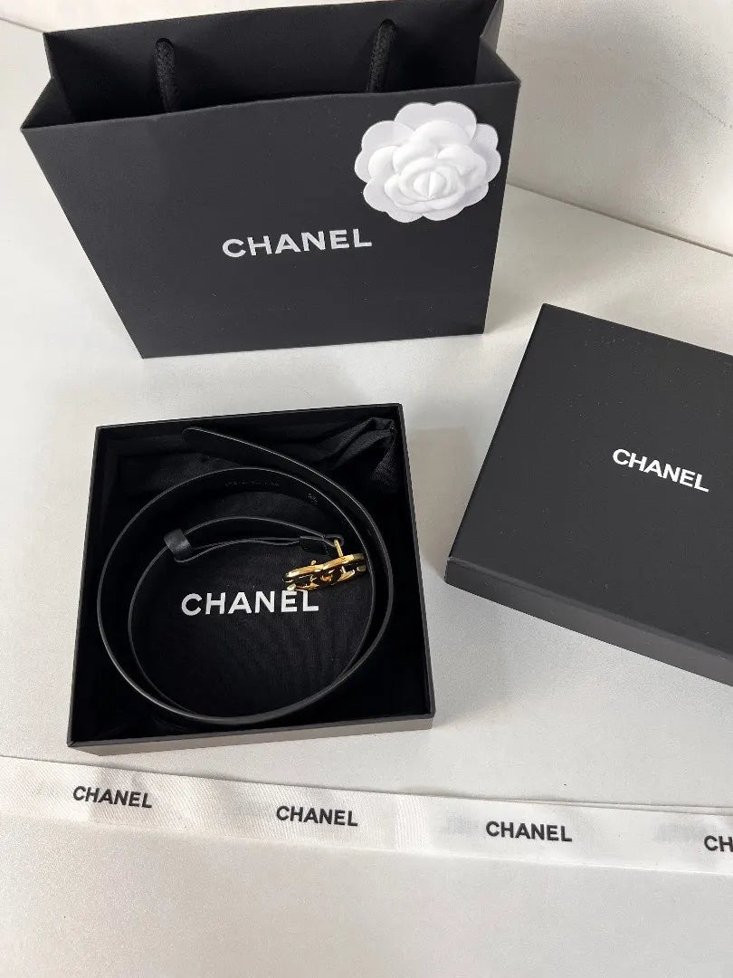 golden Chanel Slim Black Leather Belt - Hình 6