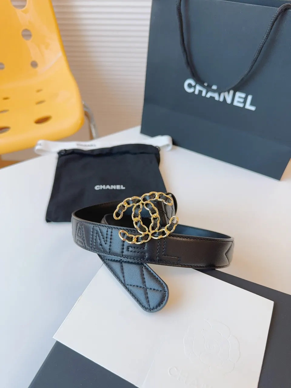 gold Chanel Black Quilted Belt