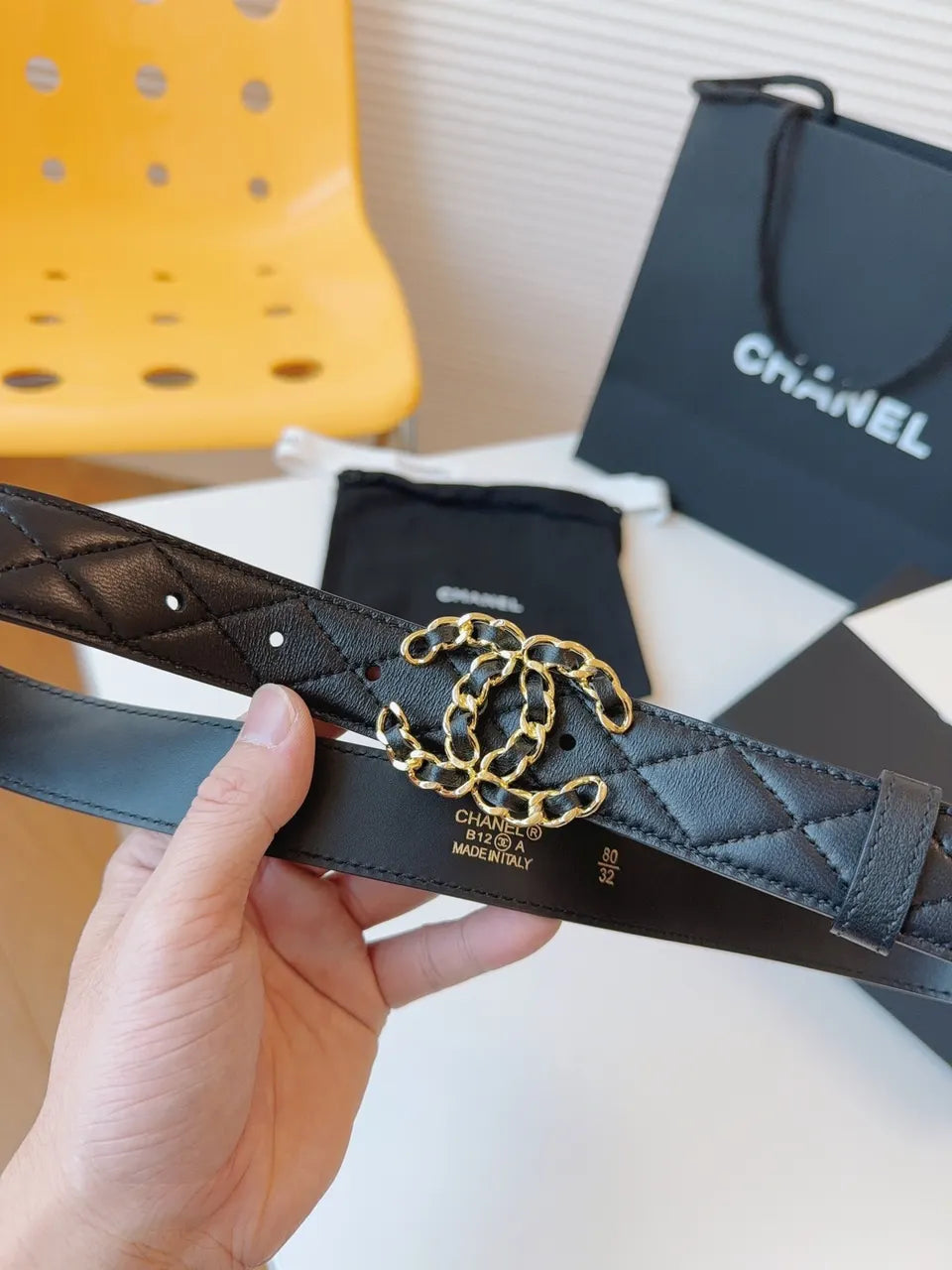 gold Chanel Black Quilted Belt - Hình 2