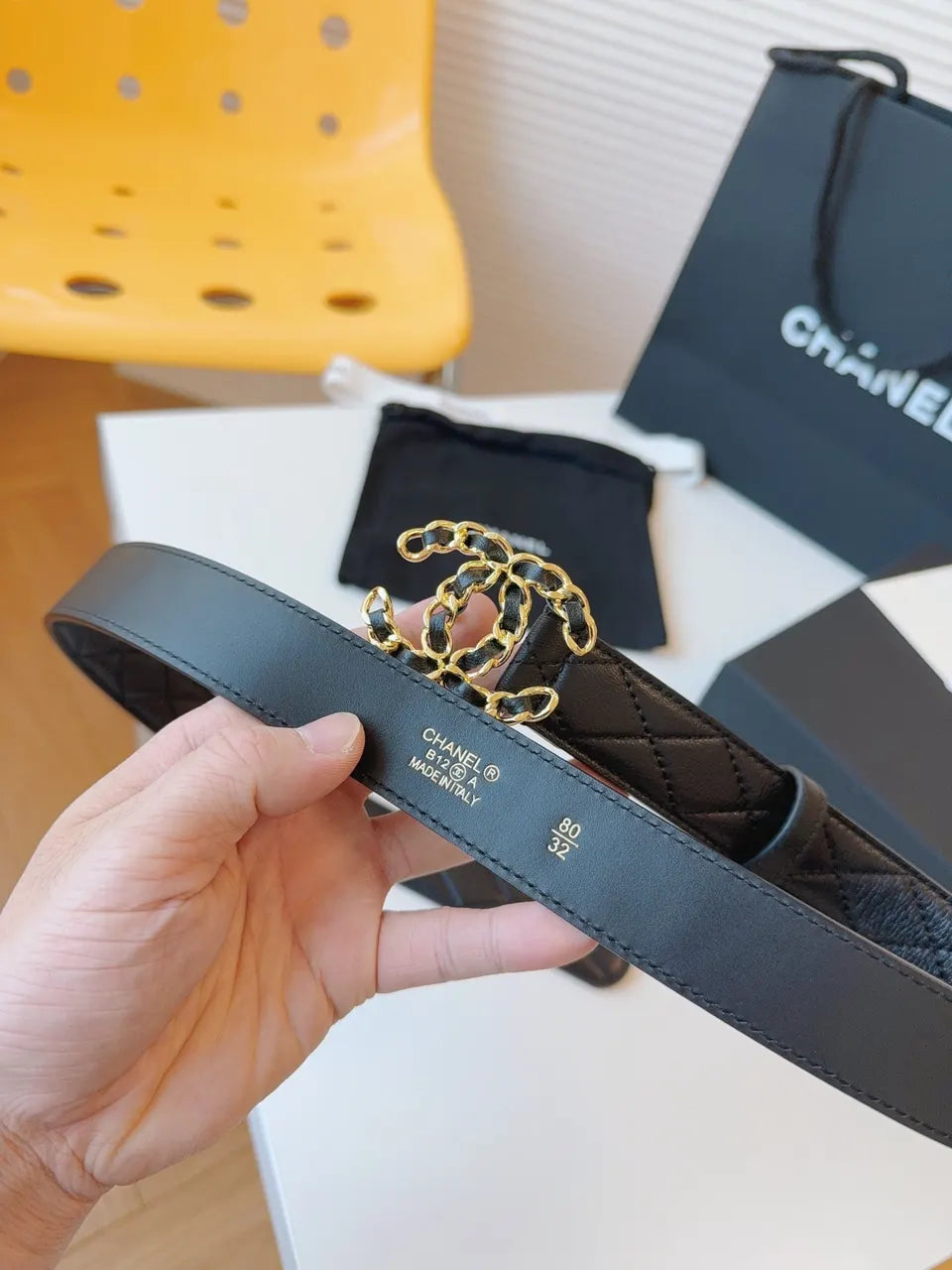 gold Chanel Black Quilted Belt - Hình 3