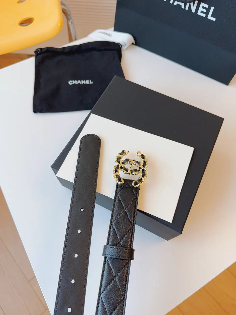 gold Chanel Black Quilted Belt - Hình 4