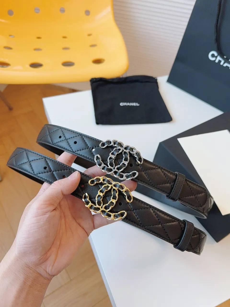 gold Chanel Black Quilted Belt - Hình 6
