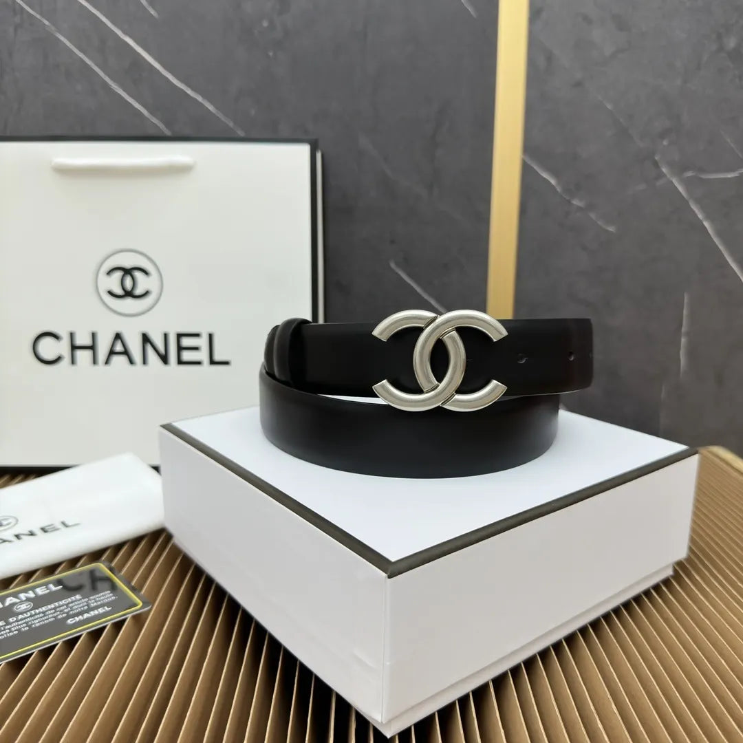 Chanel Black Leather Silver CC Belt