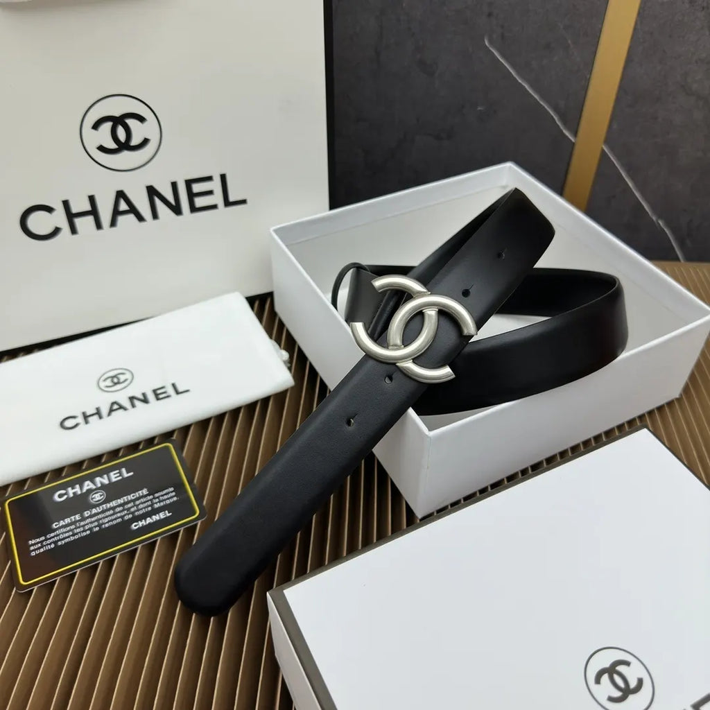 Chanel Black Leather Silver CC Belt - Hình 2