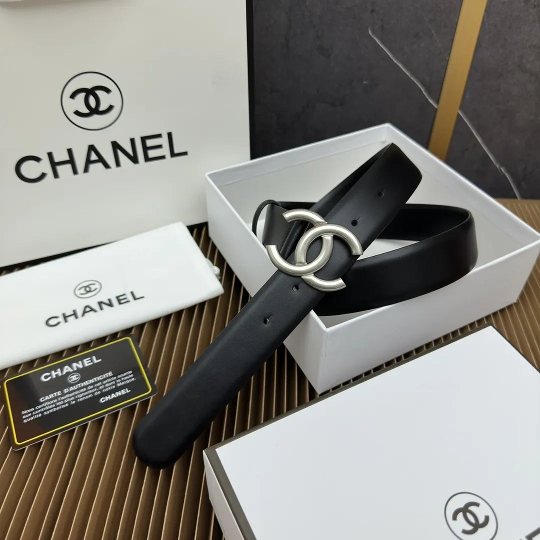 Chanel Black Leather Silver CC Belt - Hình 2