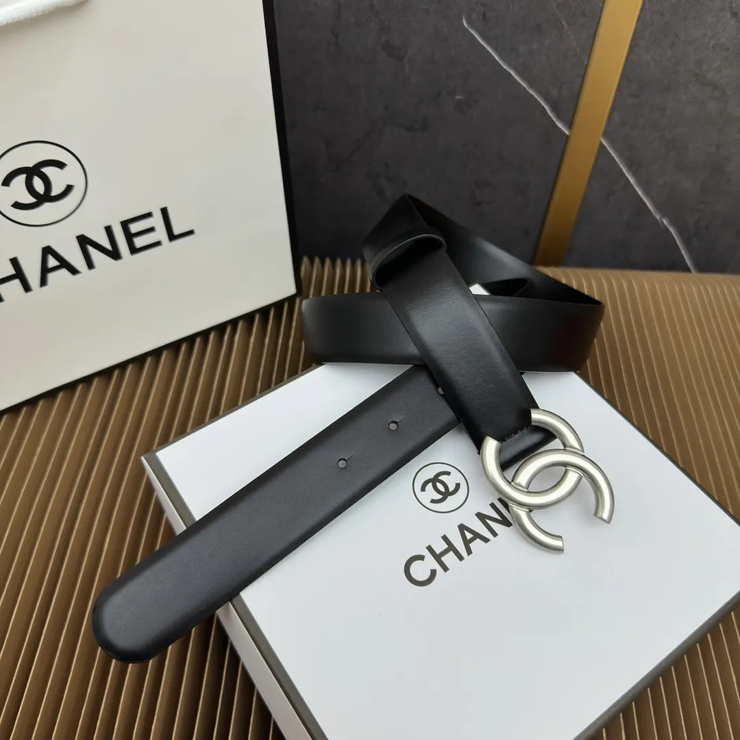 Chanel Black Leather Silver CC Belt - Hình 3