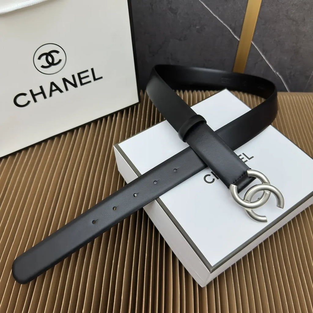 Chanel Black Leather Silver CC Belt - Hình 4