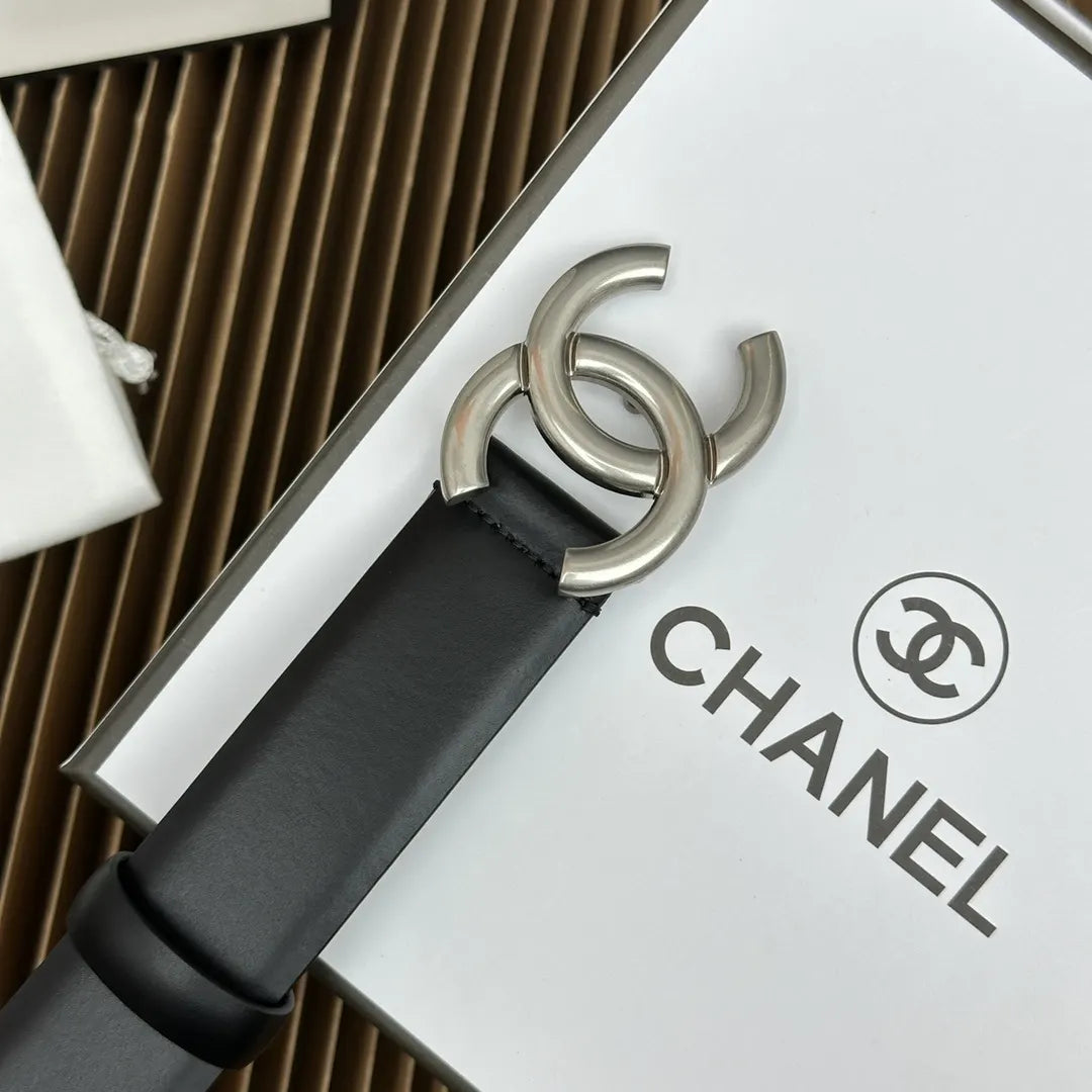 Chanel Black Leather Silver CC Belt - Hình 5