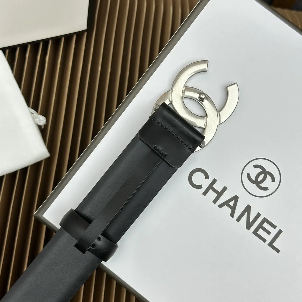 Chanel Black Leather Silver CC Belt - Hình 6