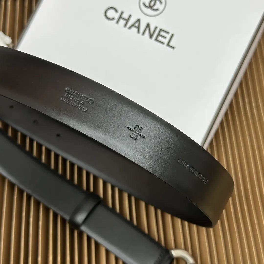 Chanel Black Leather Silver CC Belt - Hình 7