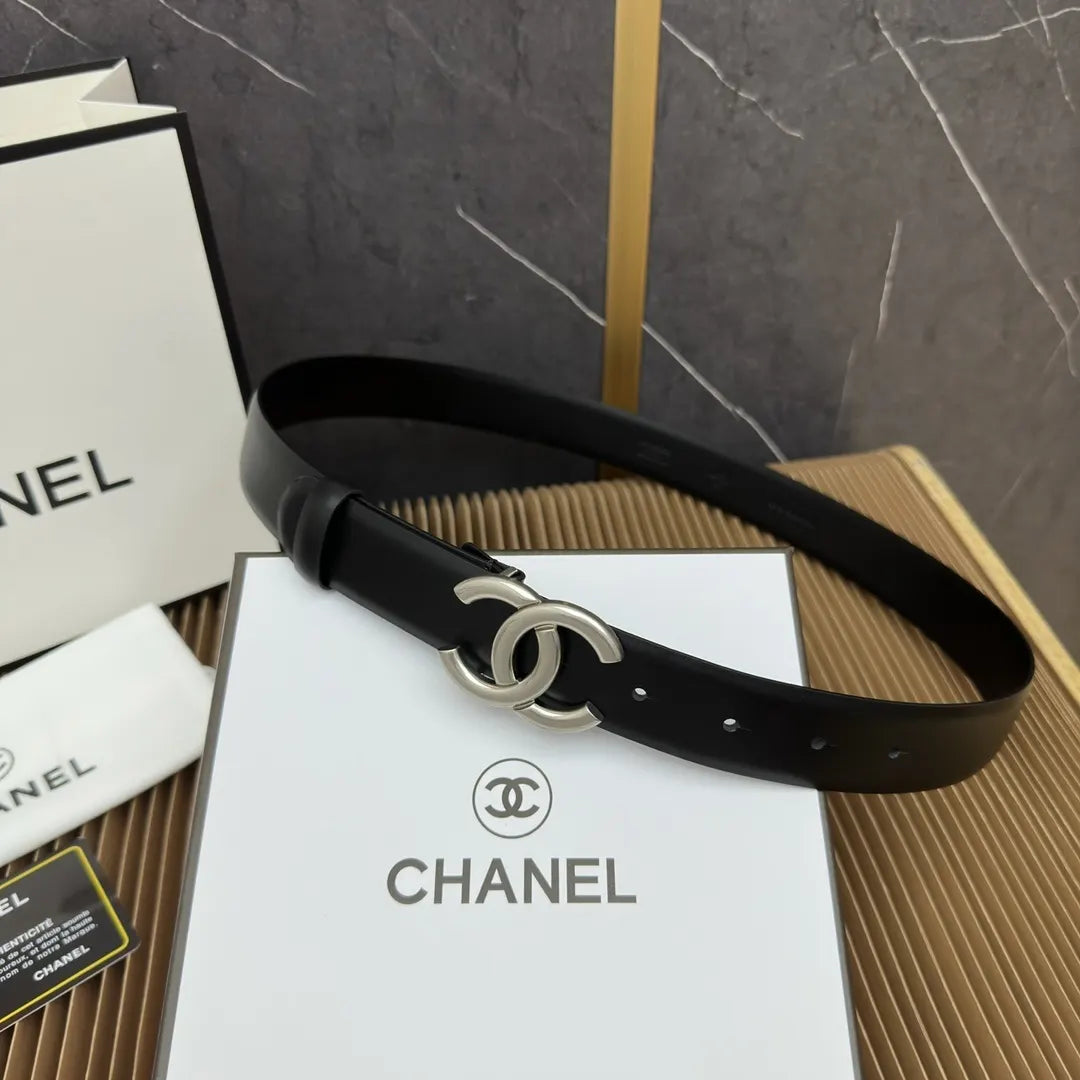 Chanel Black Leather Silver CC Belt - Hình 8