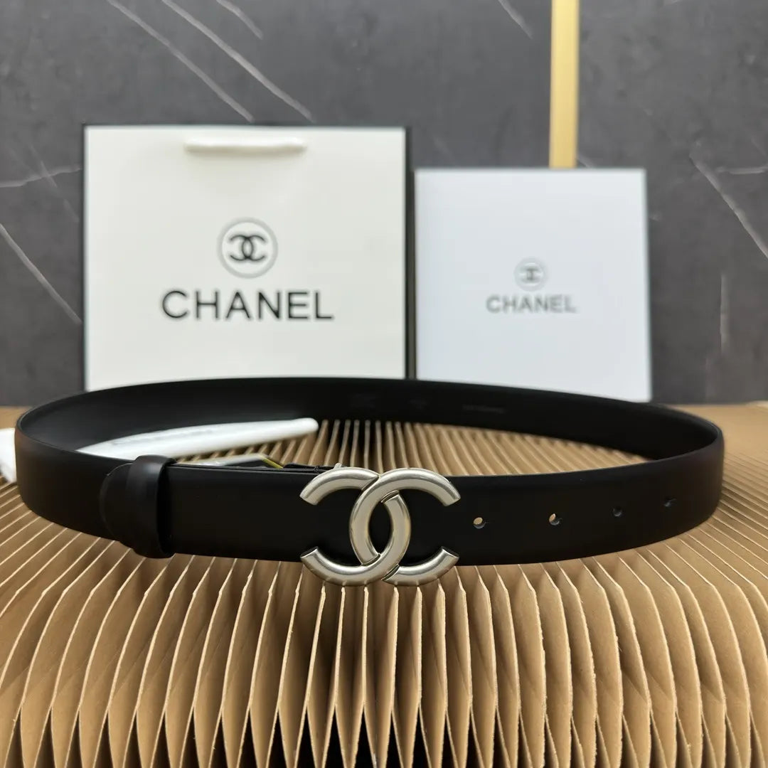 Chanel Black Leather Silver CC Belt - Hình 9