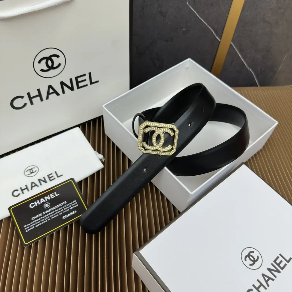 gold crystal Chanel Black Leather Belt - Hình 2
