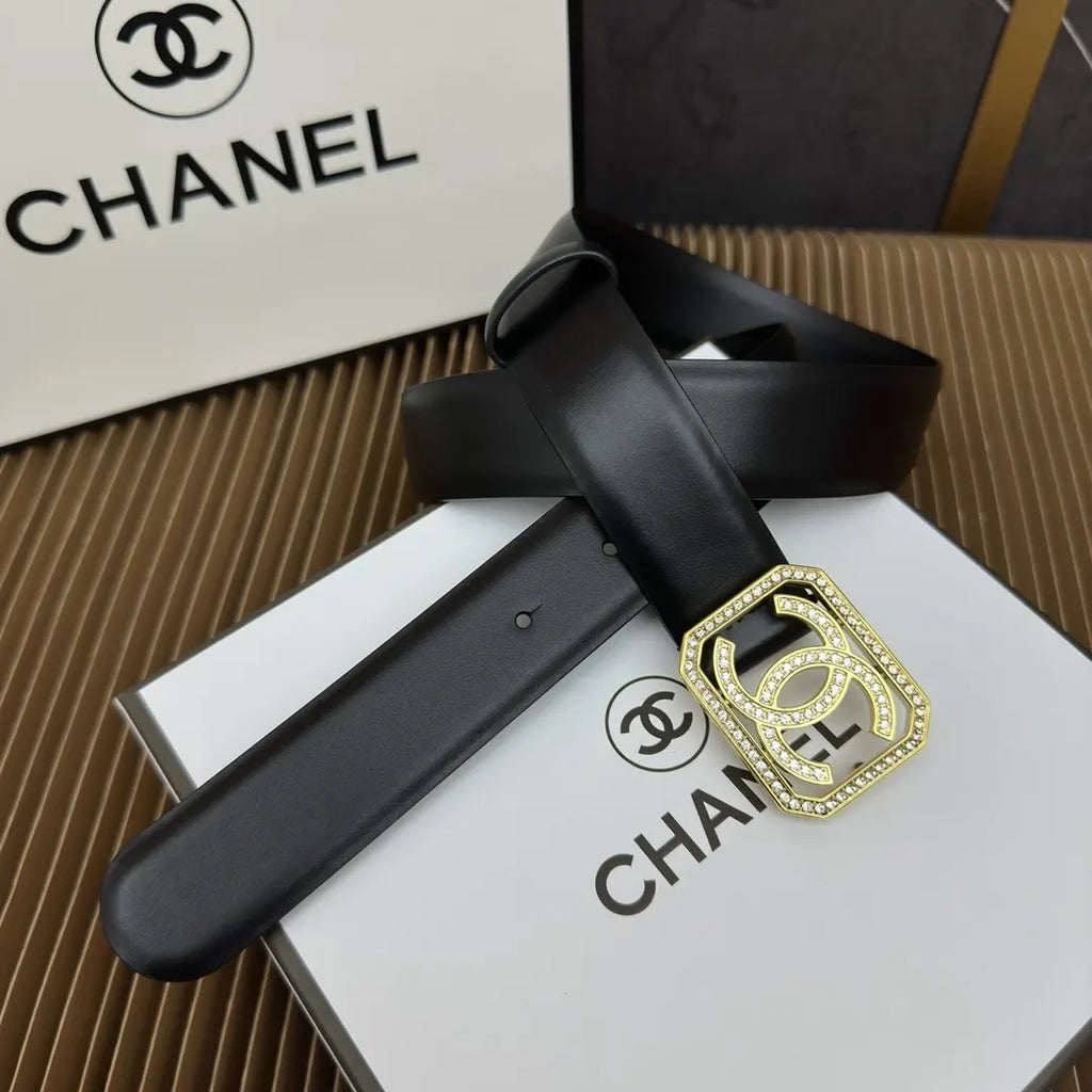 gold crystal Chanel Black Leather Belt - Hình 3