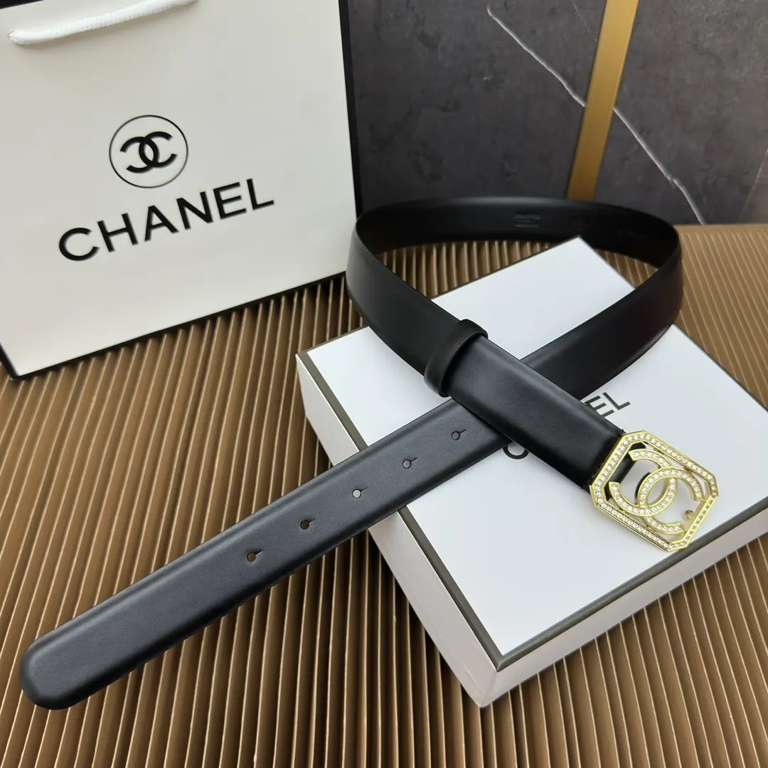 gold crystal Chanel Black Leather Belt - Hình 4
