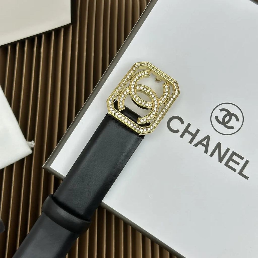 gold crystal Chanel Black Leather Belt - Hình 5