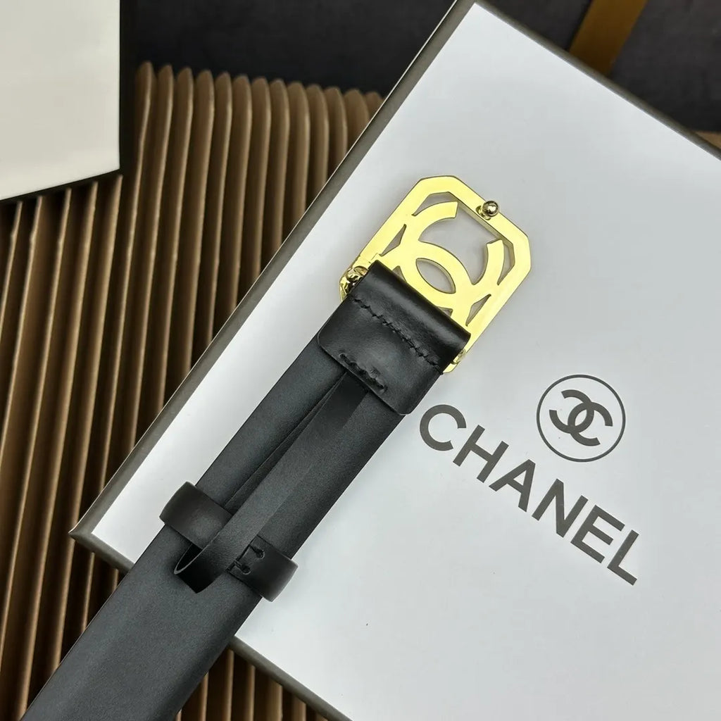 gold crystal Chanel Black Leather Belt - Hình 6