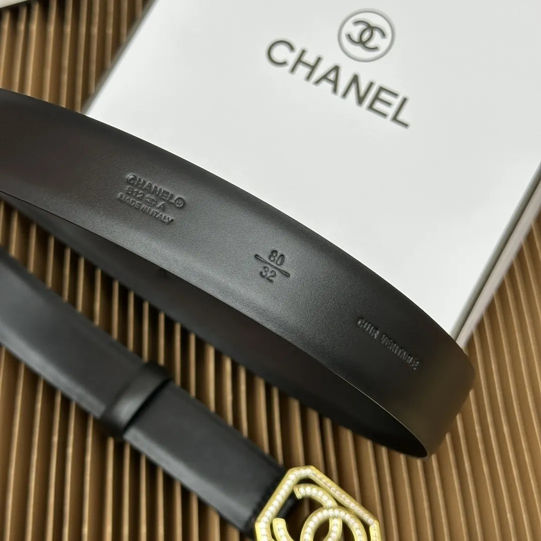 gold crystal Chanel Black Leather Belt - Hình 7