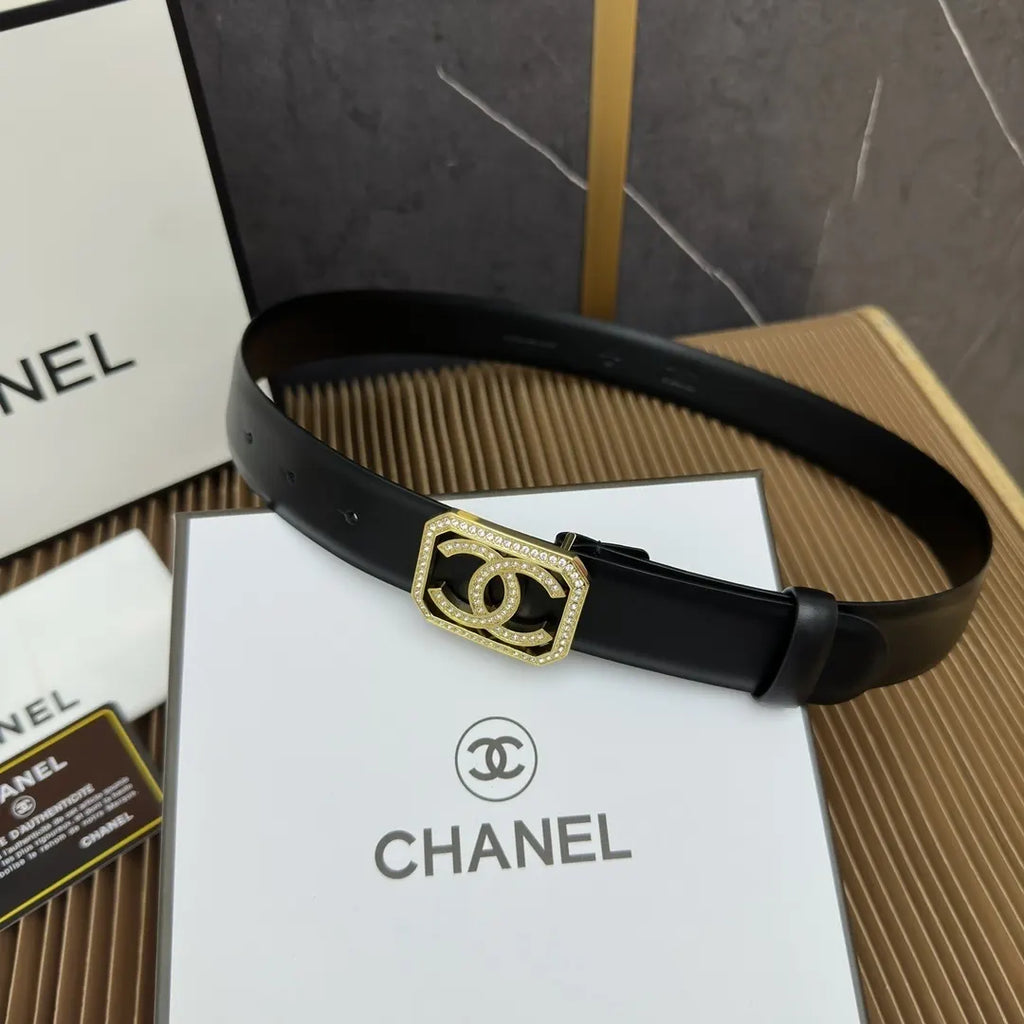 gold crystal Chanel Black Leather Belt - Hình 8