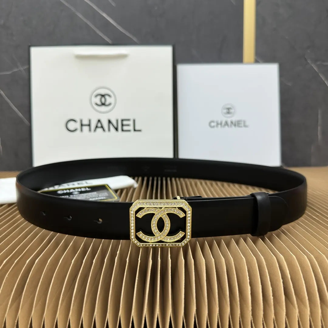 gold crystal Chanel Black Leather Belt - Hình 9