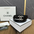 Chanel Black Leather Belt Silver