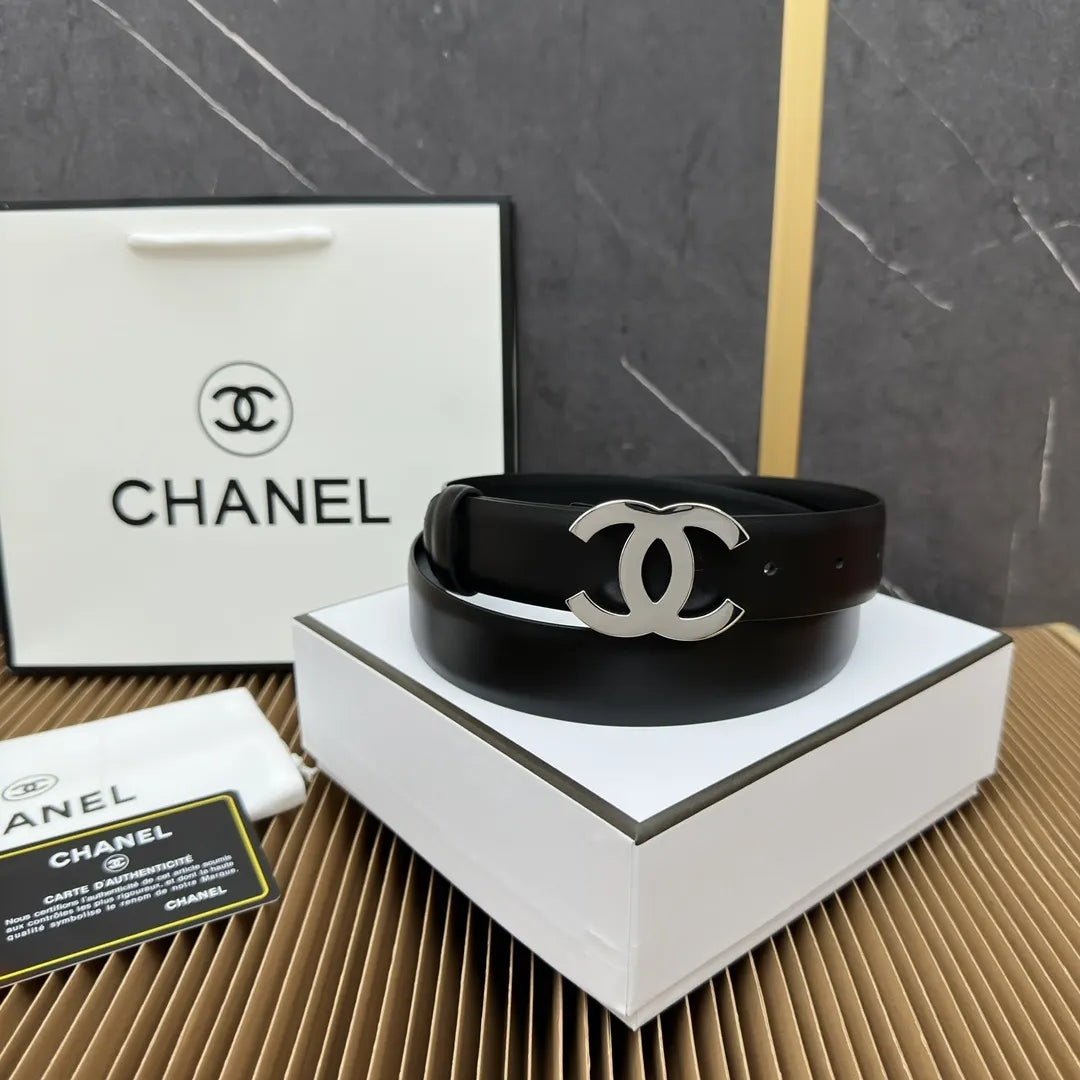 Chanel Black Leather Belt Silver