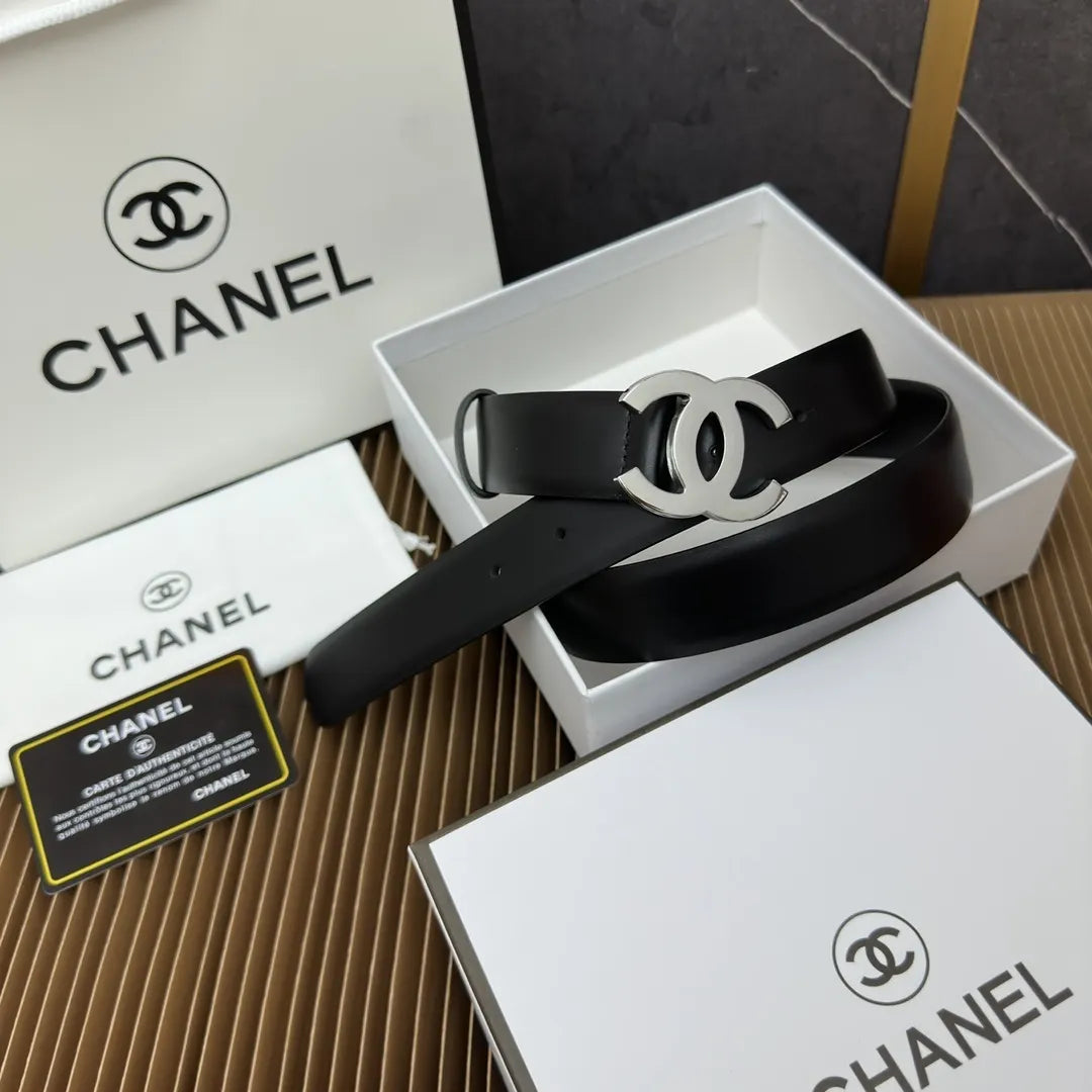 Chanel Black Leather Belt Silver - Hình 2