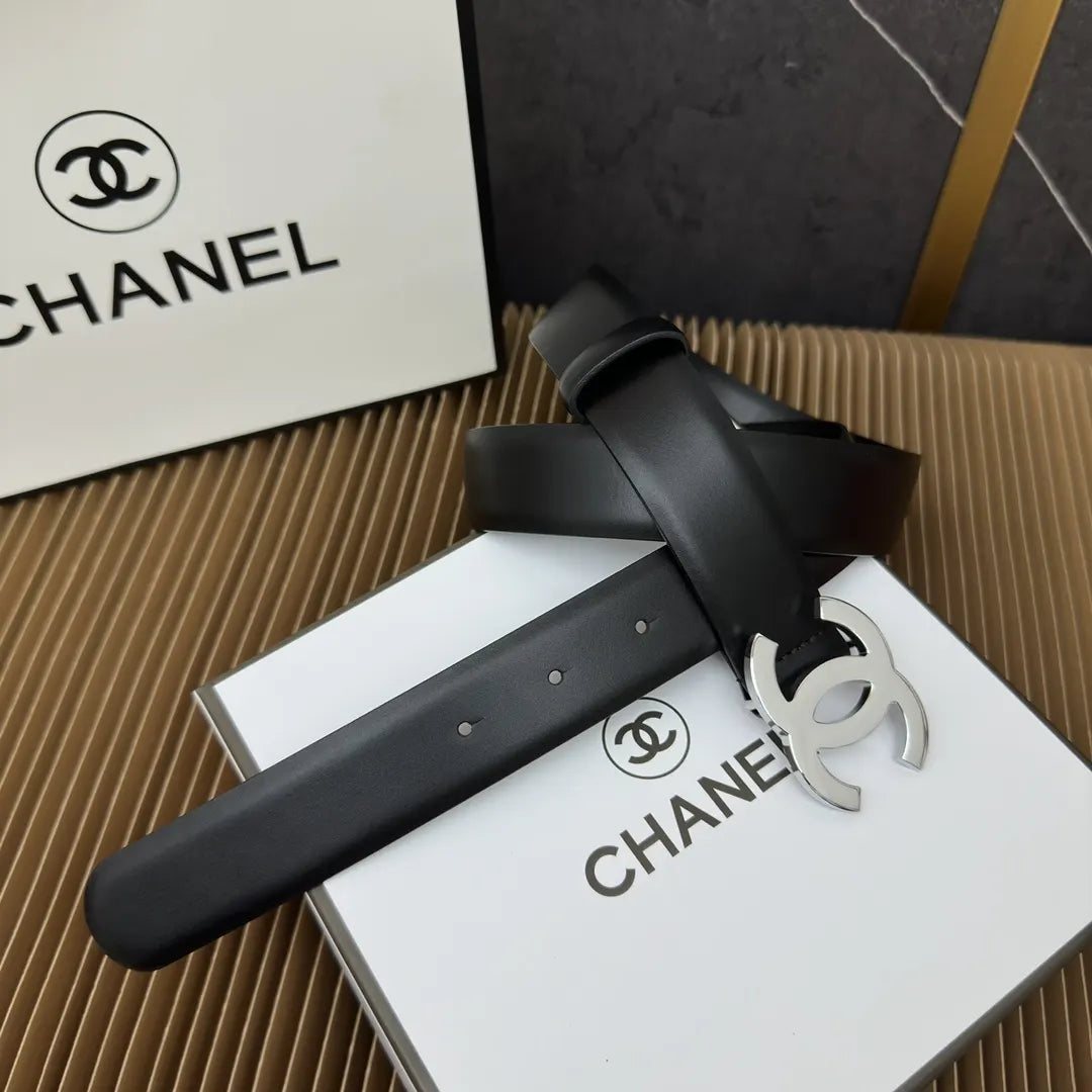 Chanel Black Leather Belt Silver - Hình 3