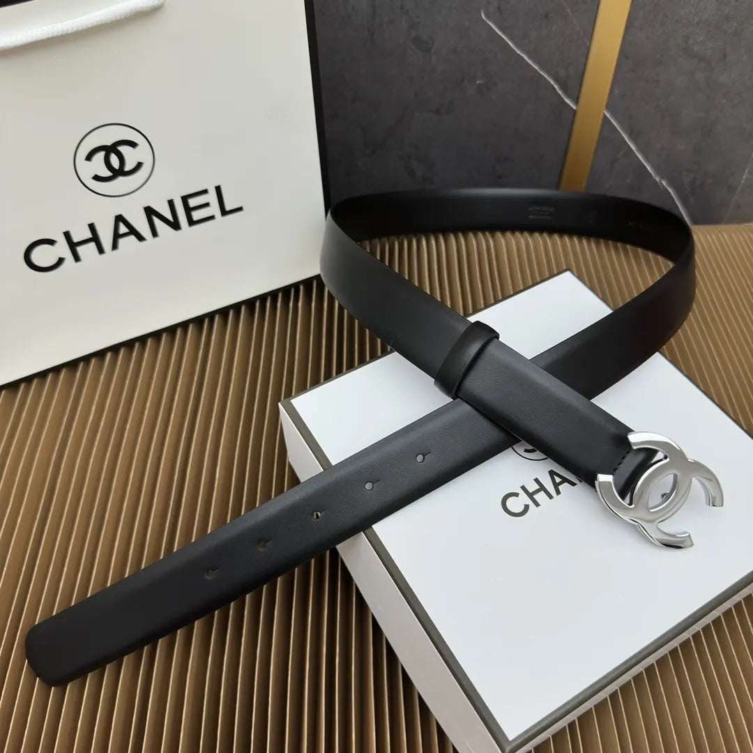 Chanel Black Leather Belt Silver - Hình 4