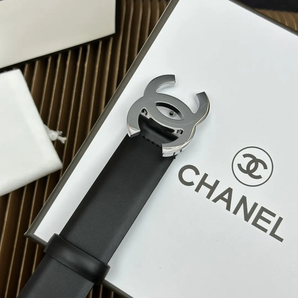 Chanel Black Leather Belt Silver - Hình 5