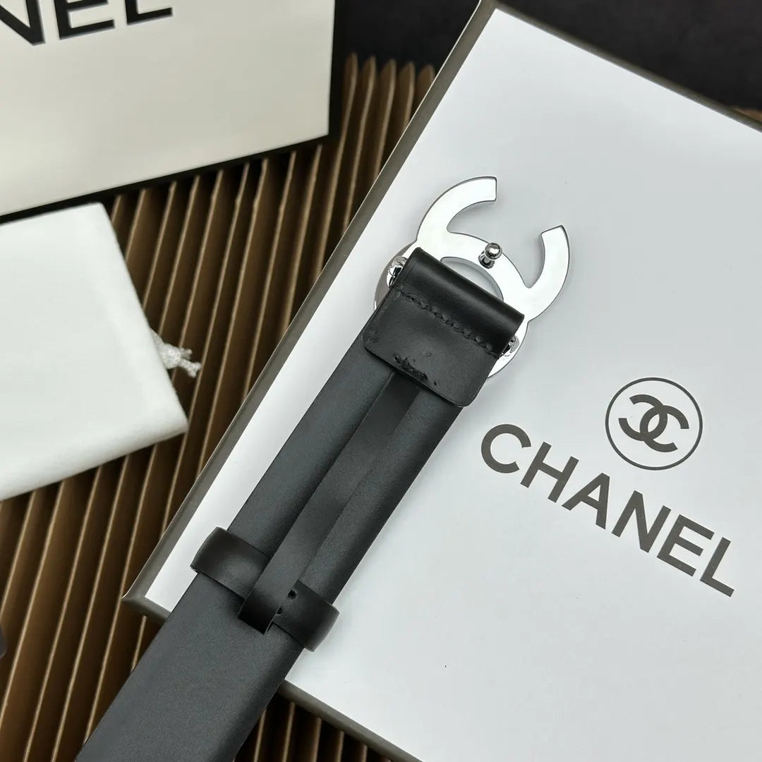 Chanel Black Leather Belt Silver - Hình 6