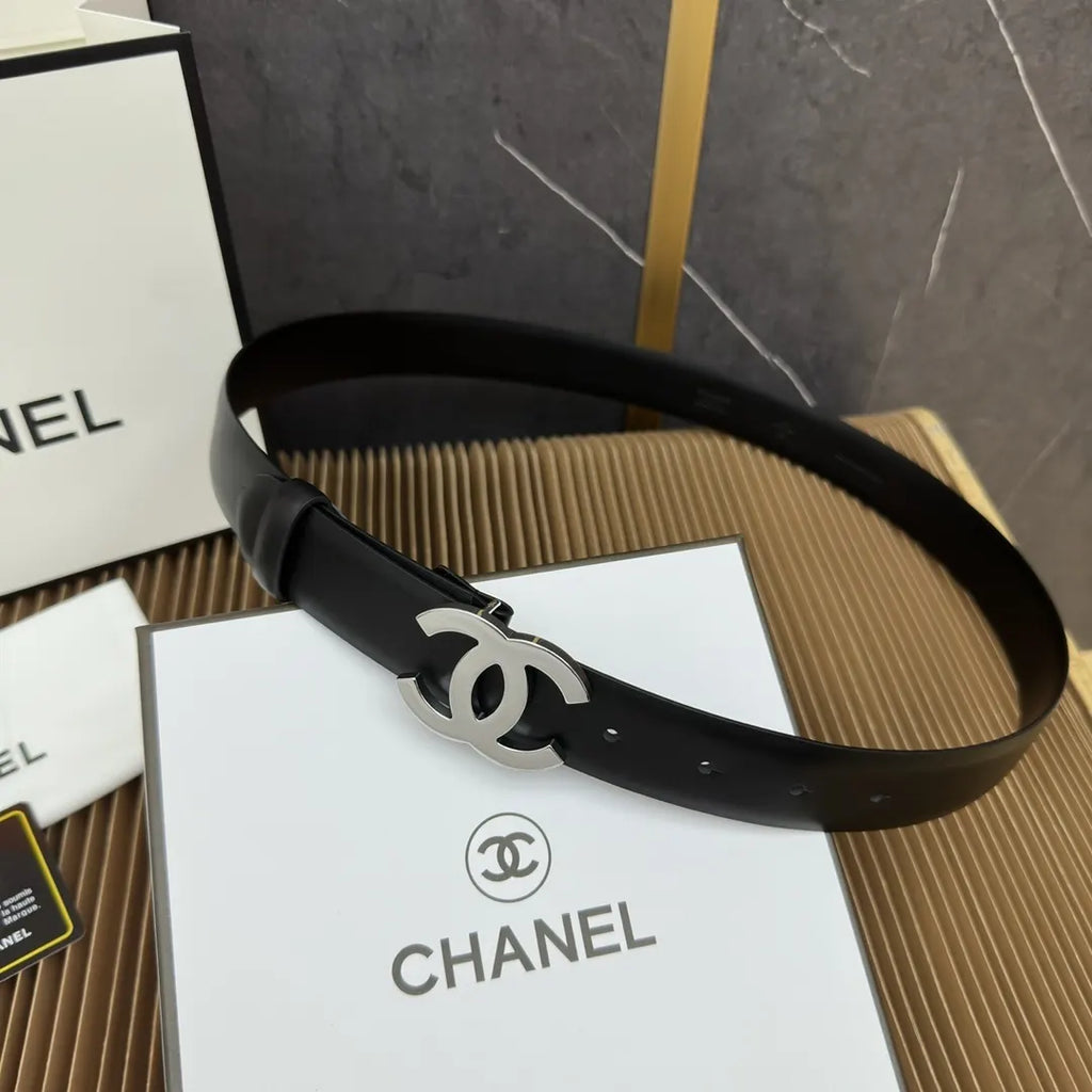 Chanel Black Leather Belt Silver - Hình 8