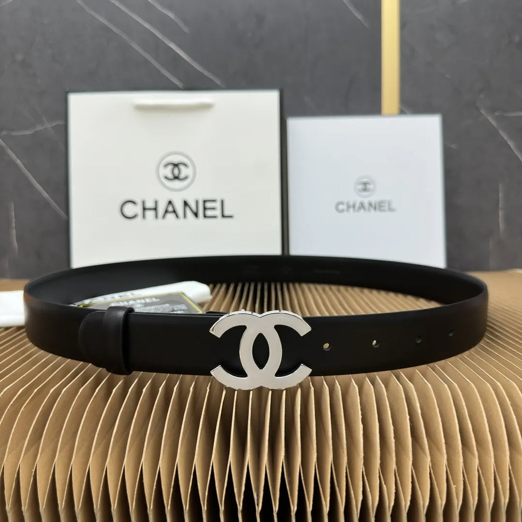 Chanel Black Leather Belt Silver - Hình 9