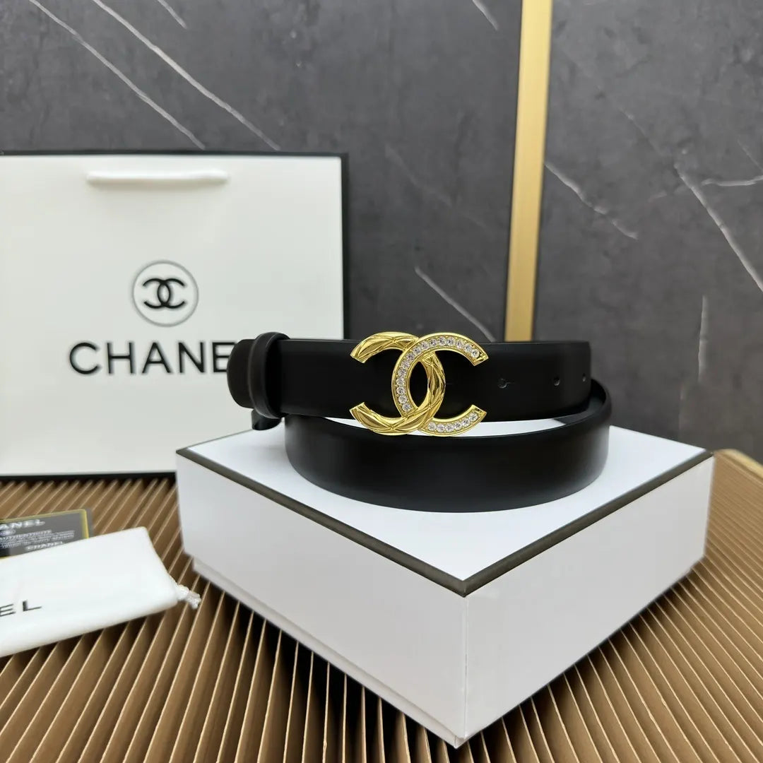 Chanel Black Leather Belt Rhinestone Buckle