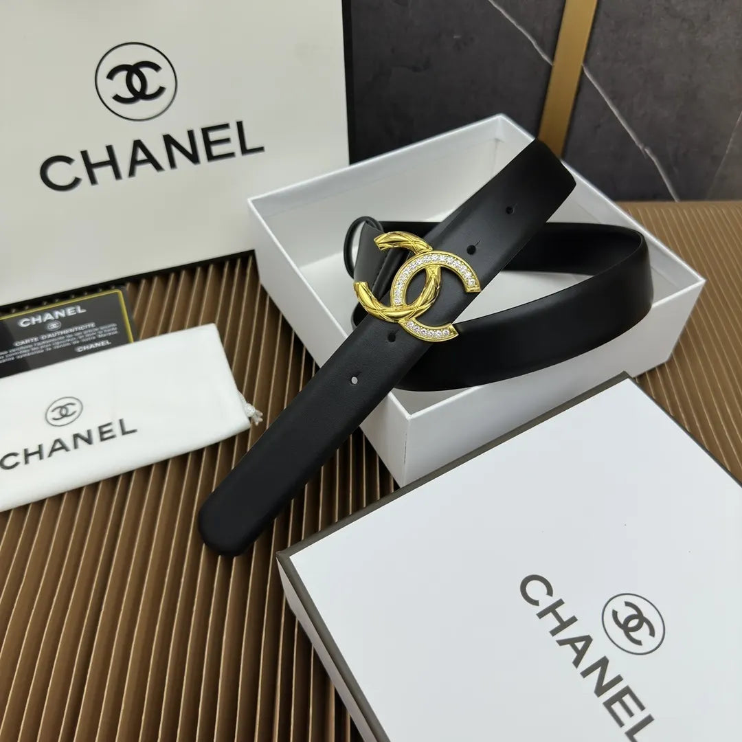 Chanel Black Leather Belt Rhinestone Buckle - Hình 2