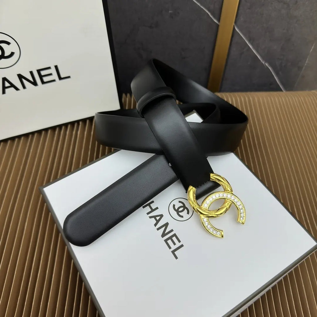 Chanel Black Leather Belt Rhinestone Buckle - Hình 3