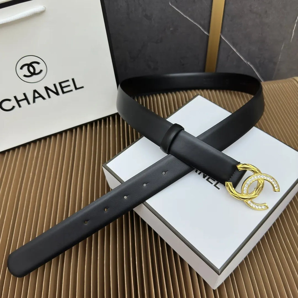 Chanel Black Leather Belt Rhinestone Buckle - Hình 4