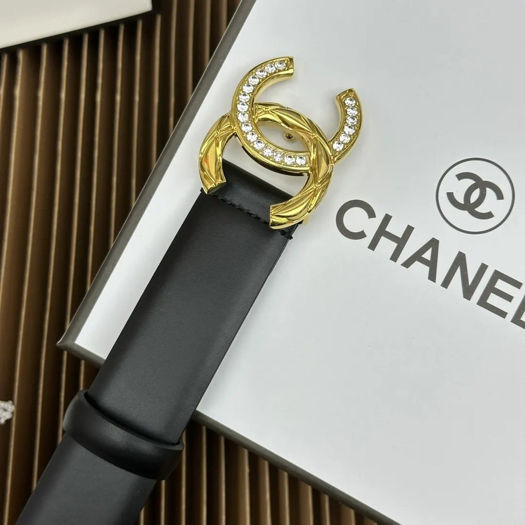 Chanel Black Leather Belt Rhinestone Buckle - Hình 5