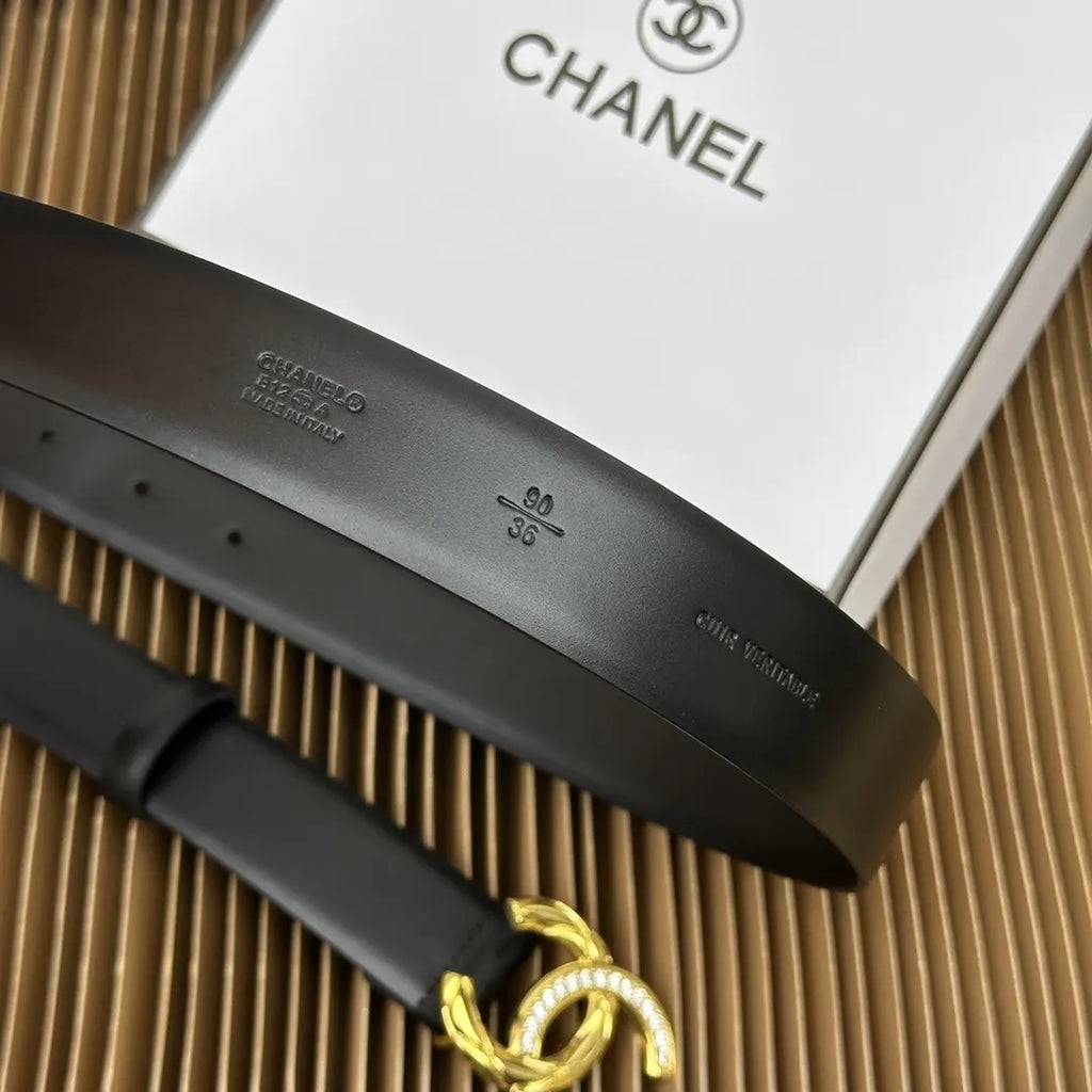 Chanel Black Leather Belt Rhinestone Buckle - Hình 7