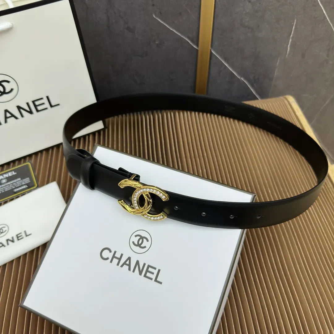 Chanel Black Leather Belt Rhinestone Buckle - Hình 8