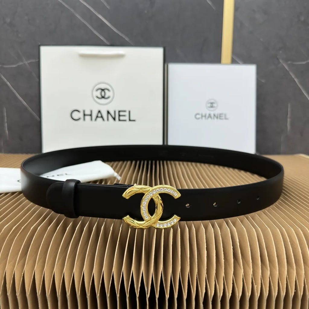 Chanel Black Leather Belt Rhinestone Buckle - Hình 9