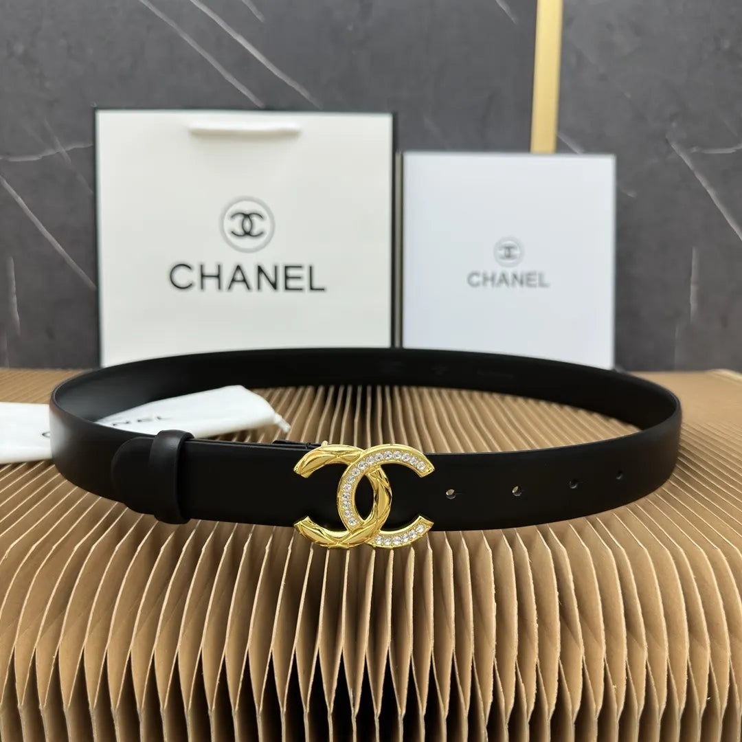 Chanel Black Leather Belt Rhinestone Buckle - Hình 9