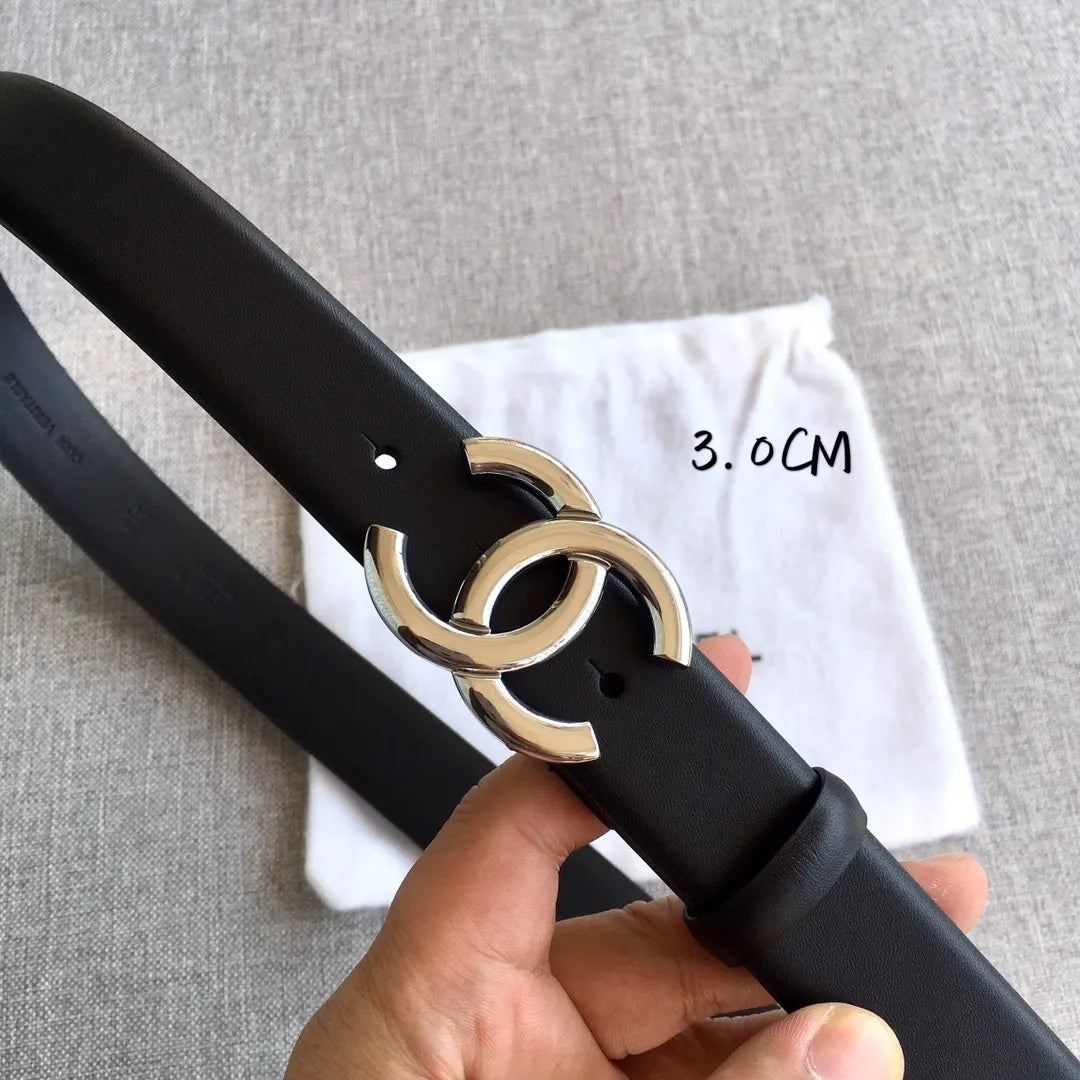 Chanel Black Leather Belt Silver CC
