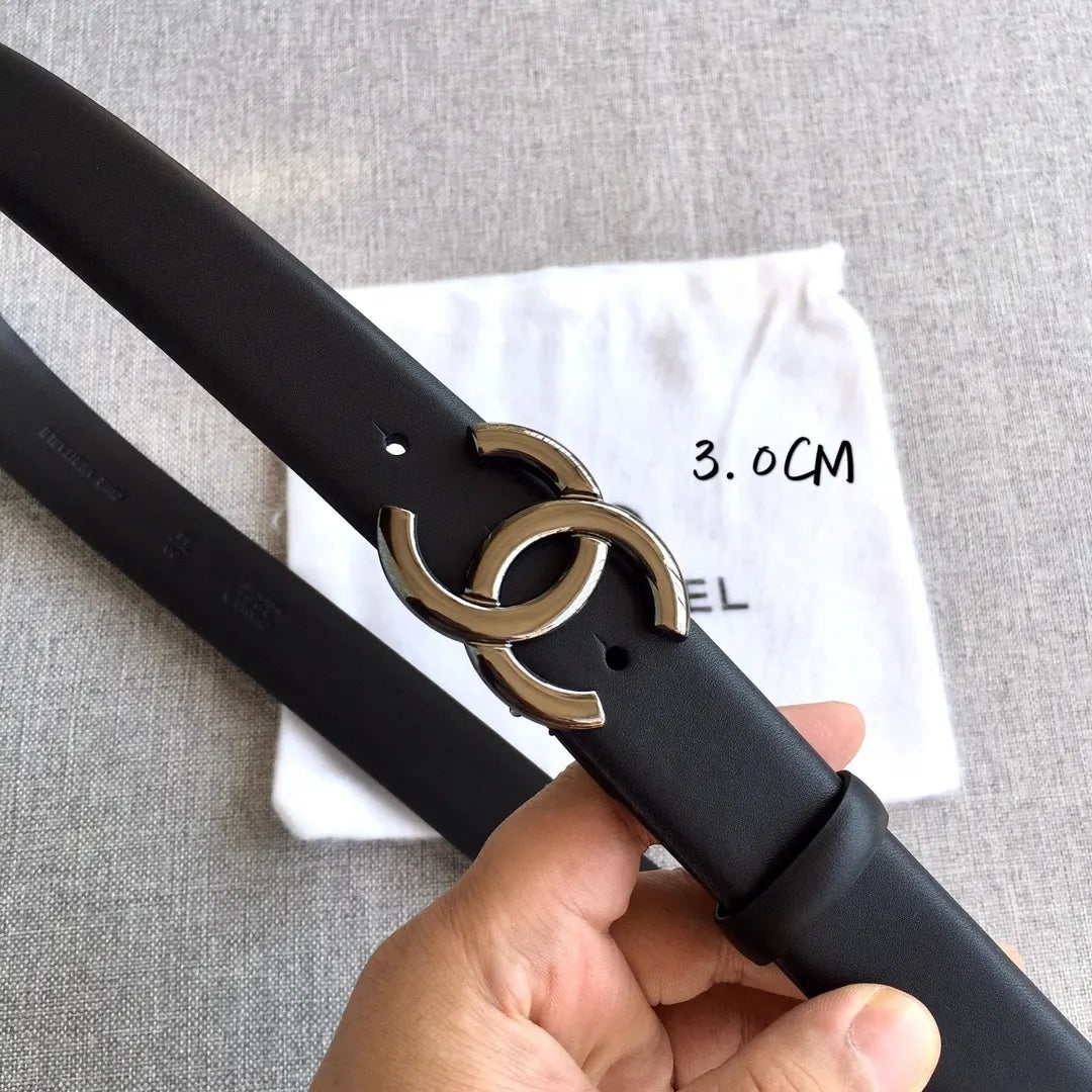 silver Chanel Skinny Black Leather Belt