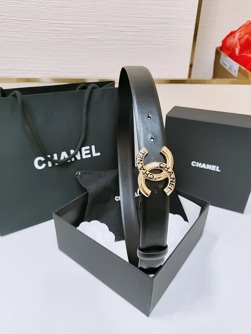 Chanel Black Leather Belt Gold CC