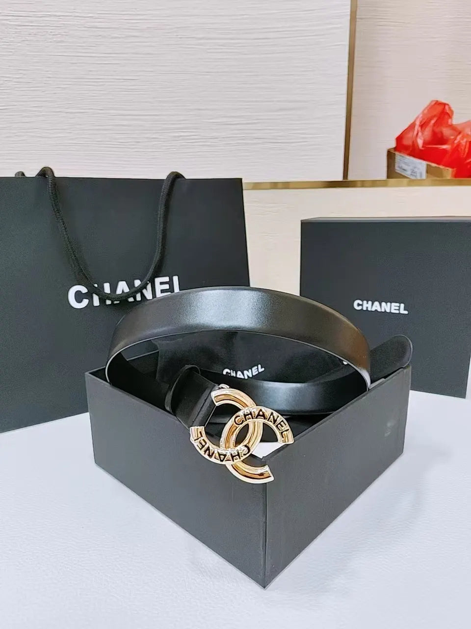 Chanel Black Leather Belt Gold CC - Hình 2