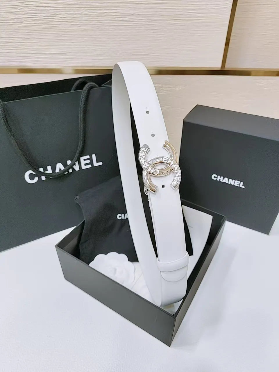 Chanel White Leather Belt silver